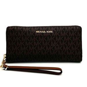 Michael Kors Large Jet Set Travel Continental Wallet Wristlet Brown Signature